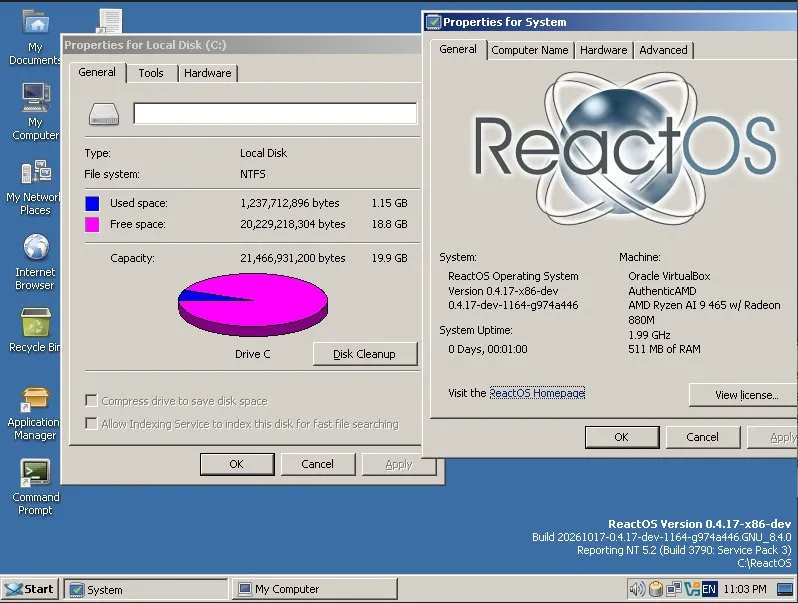 ReactOS open source operating system logo on a digital background