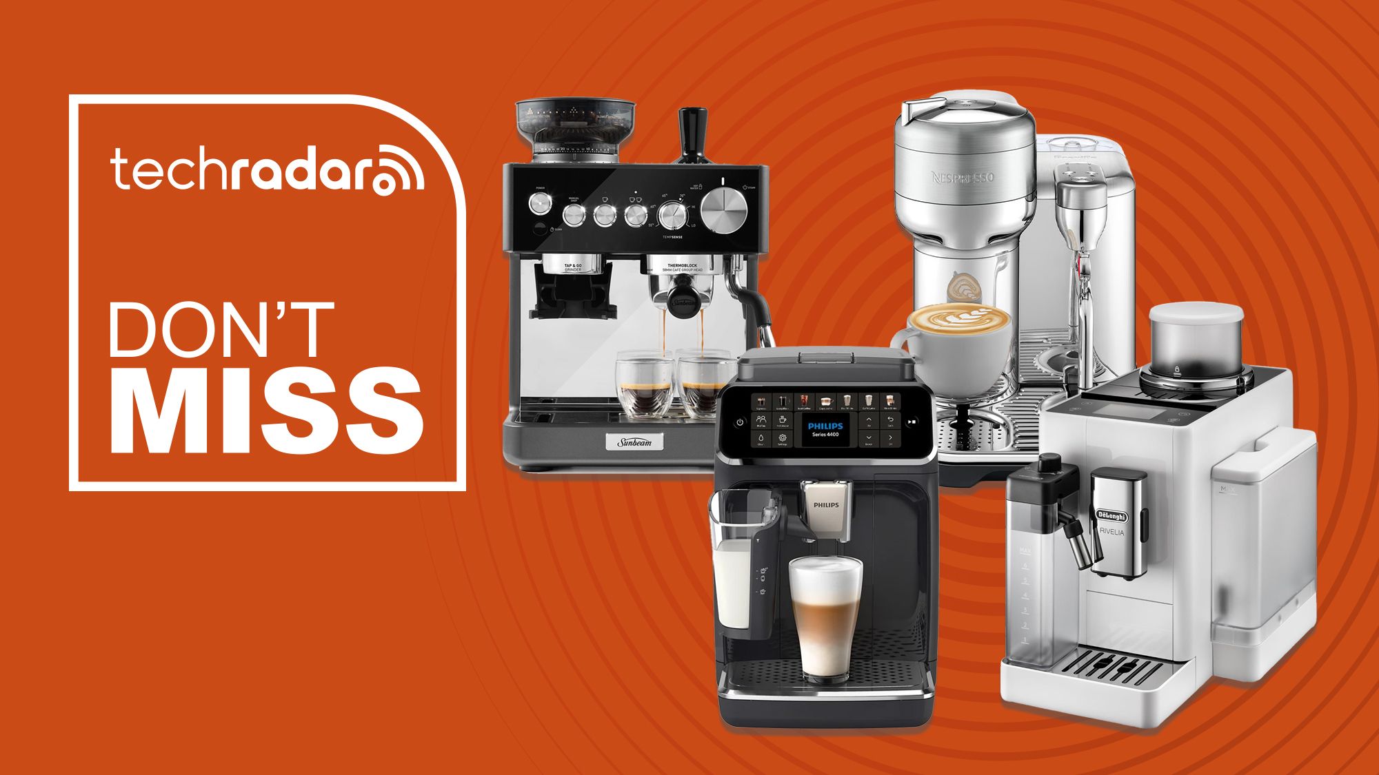 Countertop espresso and coffee machines on display