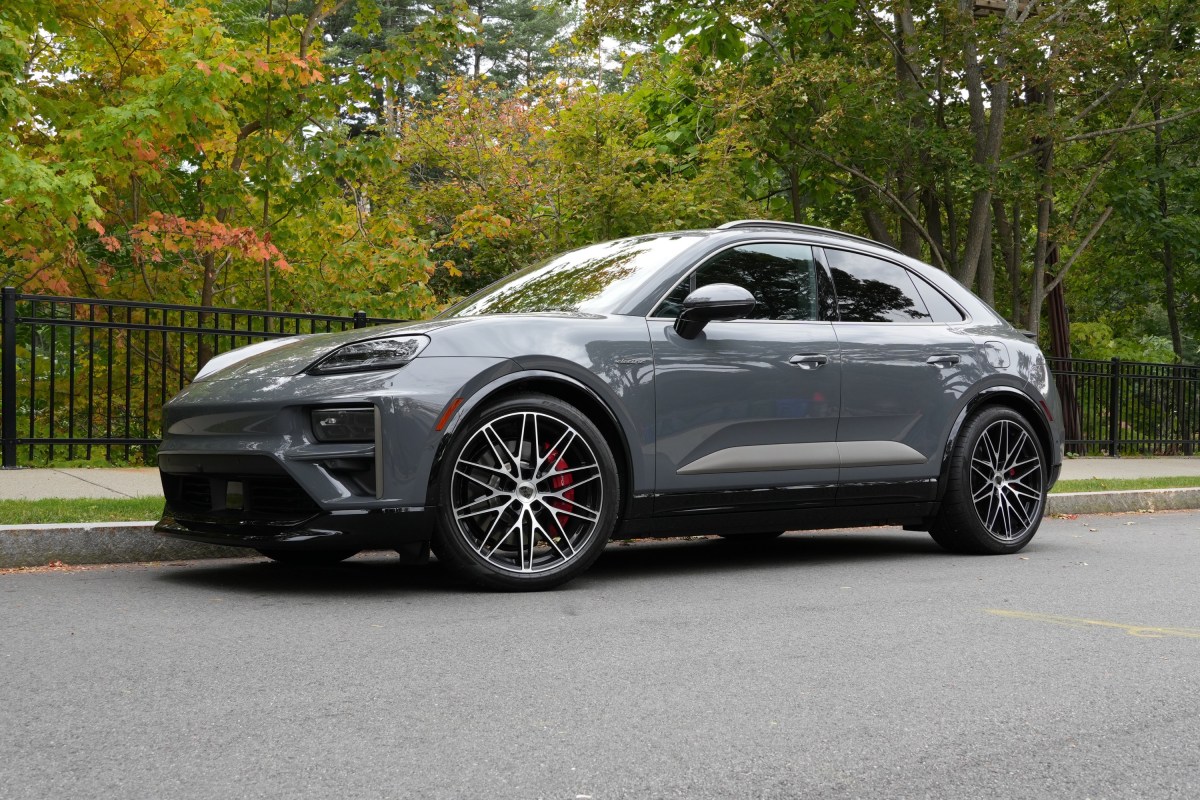 Slate Grey Neo Porsche Macan Turbo electric crossover parked outdoors