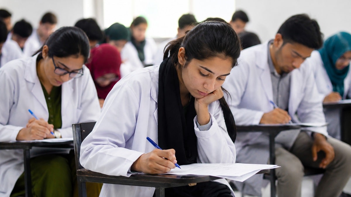 Examination desks arranged in an assessment hall