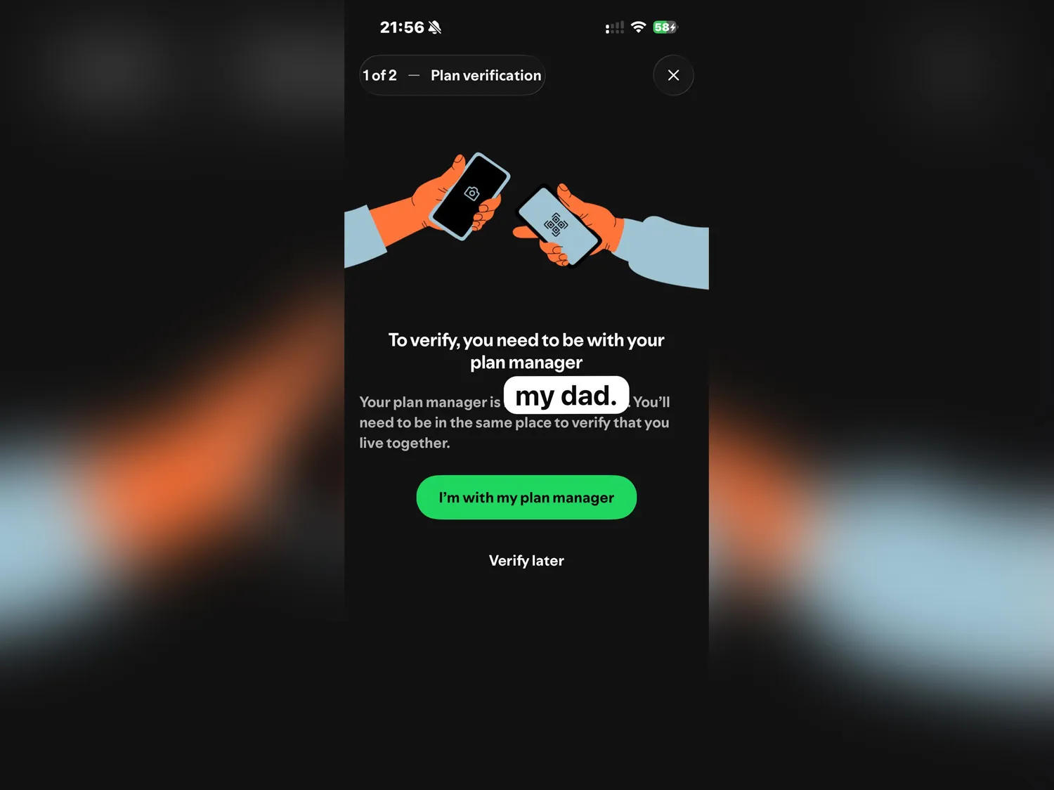 A smartphone showing a music streaming account verification prompt