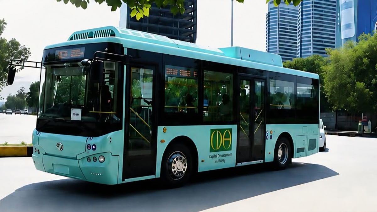 A public transit commuter bus operating along a regional roadway